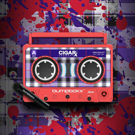 Red CIGARx REMIXX ID w/ Black, White & Purple Pattern Bumpboxx on Abstract Background