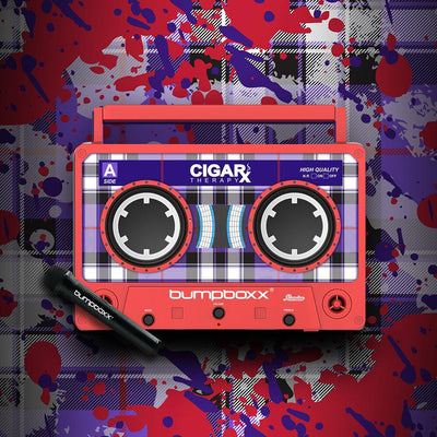 Red CIGARx REMIXX ID w/ Black, White & Purple Pattern Bumpboxx on Abstract Background