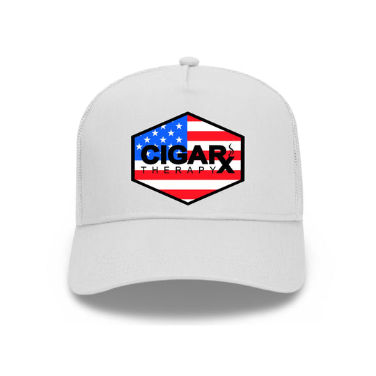 White Curved Trucker with USA Flag Patch