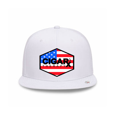 White Flat Trucker with USA Flag Patch Front View