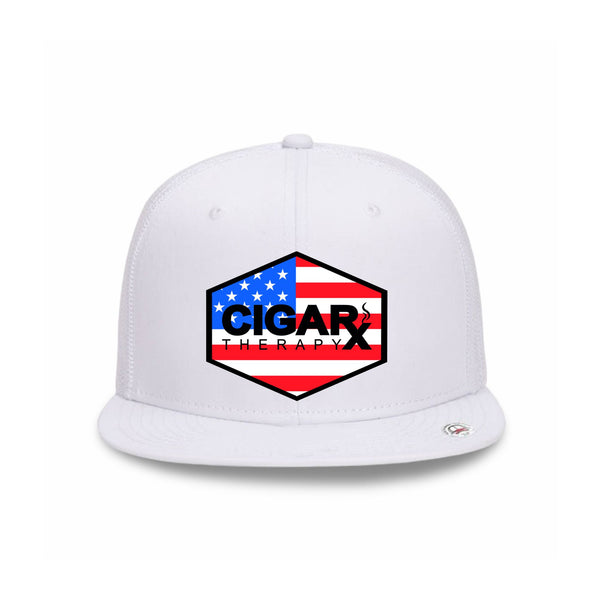 White Flat Trucker with USA Flag Patch Front View