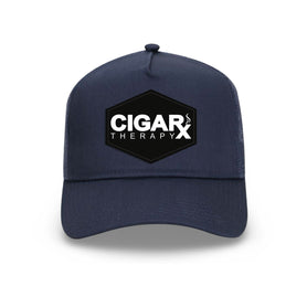 Navy Curved Trucker with Black Classic Patch Front View
