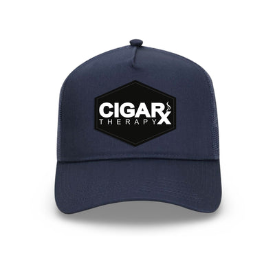 Navy Curved Trucker with Black Classic Patch Front View