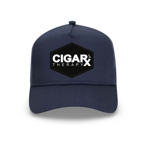 Navy Curved Trucker with Black Classic Patch Front View