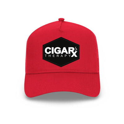 Red Curved Trucker with Black Classic Patch Front View