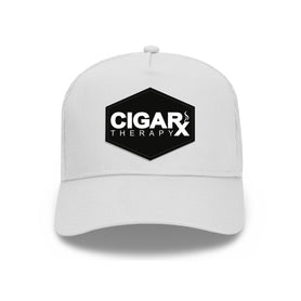 White Curved Trucker with Black Classic Patch Front View