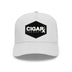 White Curved Trucker with Black Classic Patch Front View
