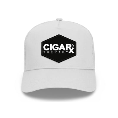 White Curved Trucker with Black Classic Patch Front View