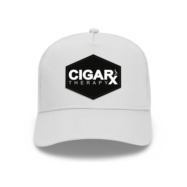 White Curved Trucker with Black Classic Patch Front View
