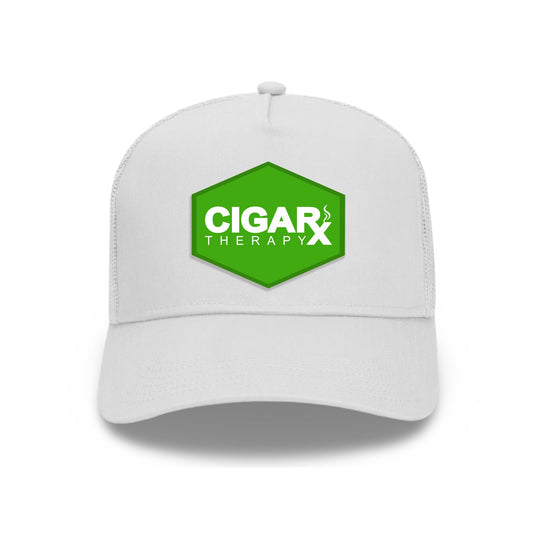 White Curved Trucker with Green Classic Patch