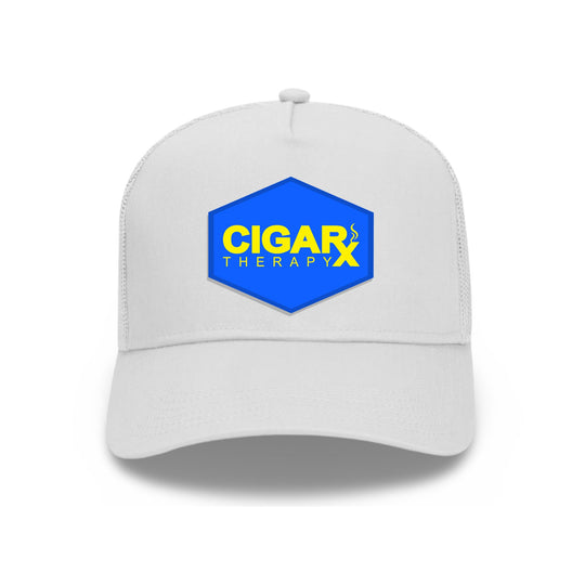White Curved Trucker with Yellow on Blue Patch