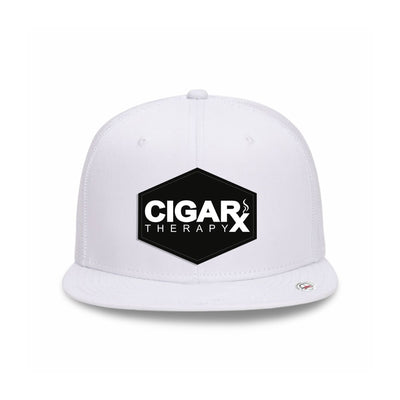 White Flat Trucker with Black Classic Patch Front View