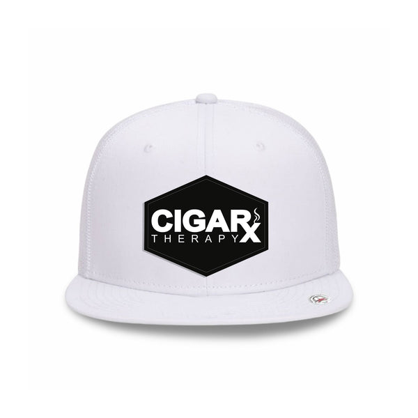White Flat Trucker with Black Classic Patch Front View