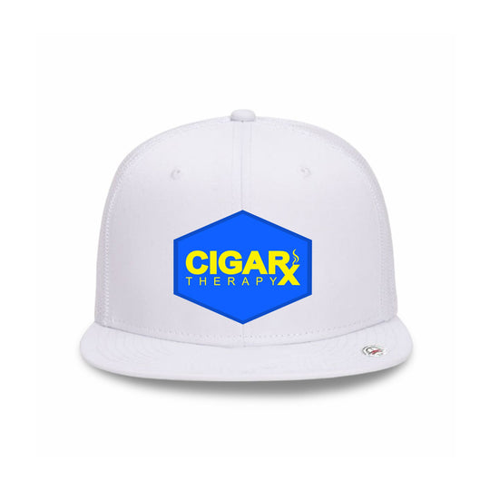 White Flat Trucker with Yellow on Blue Patch