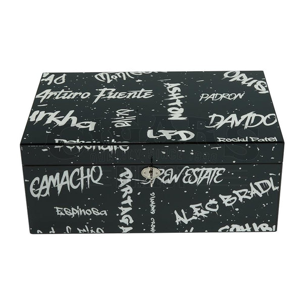 Graffiti Black and White 100 Count Humidor CLosed Front View