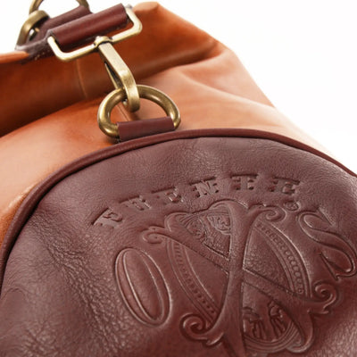 The OpusX Society Italian Leather Duffle Bag Camel and Burgundy Fuente Logo on Side