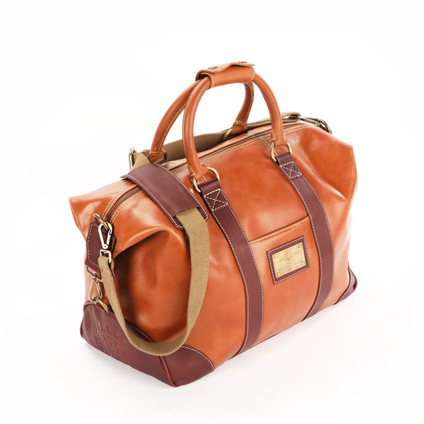The OpusX Society Italian Leather Duffle Bag Camel and Burgundy Front