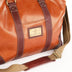 The OpusX Society Italian Leather Duffle Bag Camel and Burgundy Logo Plate
