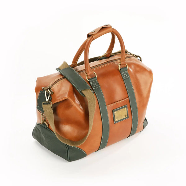 The OpusX Society Italian Leather Duffle Bag Camel and Green Front