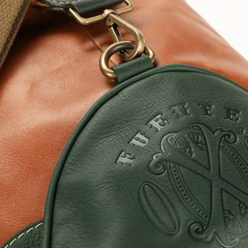 The OpusX Society Italian Leather Duffle Bag Camel and Green Fuente Side Logo
