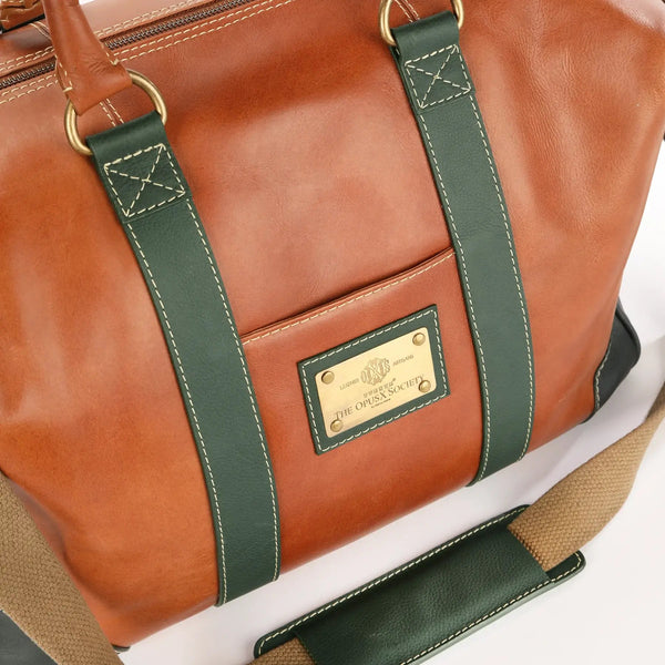 The OpusX Society Italian Leather Duffle Bag Camel and Green Logo Plate