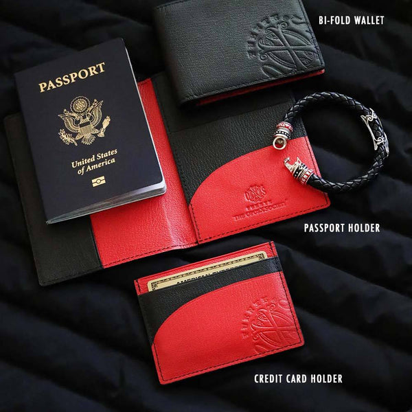 The OpusX Society Red and Black Bi-Fold Leather Wallet and Other Displayed