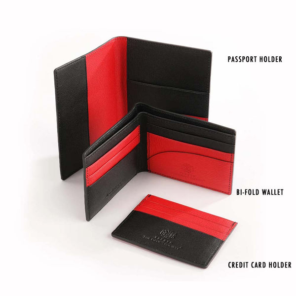 The OpusX Society Red and Black Bi-Fold Leather Wallet and Others Closed Open