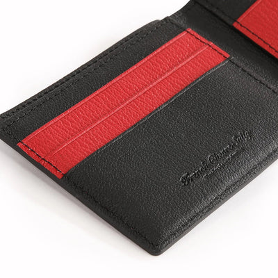 The OpusX Society Red and Black Bi-Fold Leather Wallet Inside Closeup