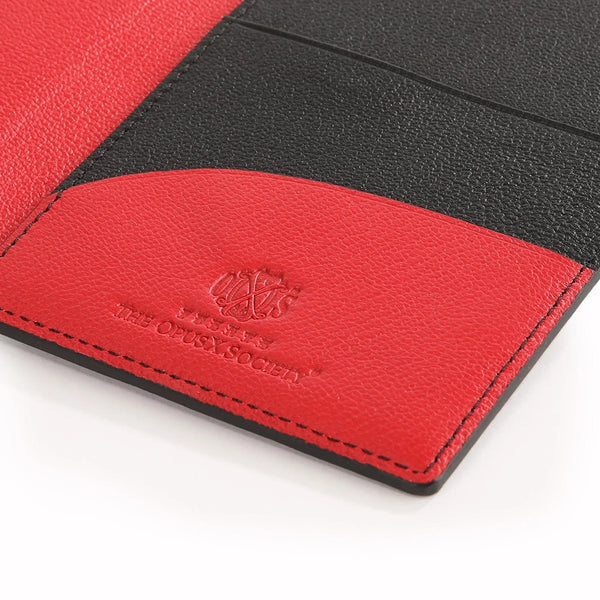 The OpusX Society Red and Black Passport Holder Inside Closeup