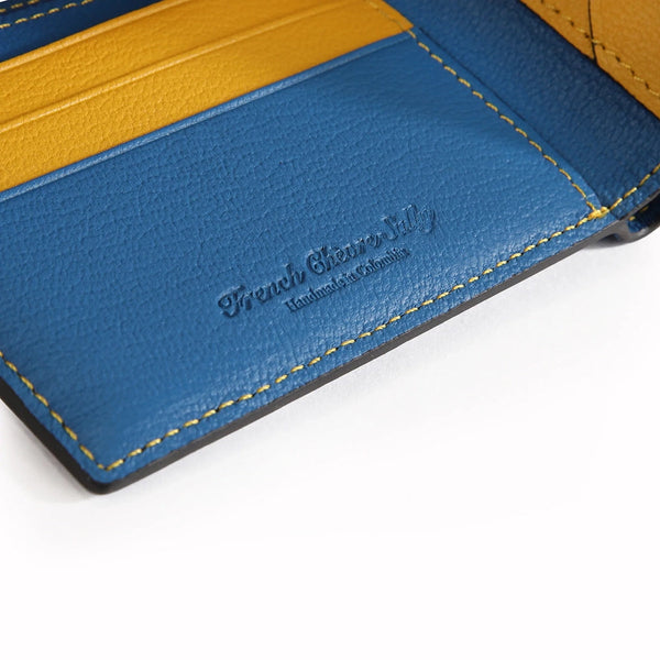 The OpusX Society Yellow and Blue Bi-Fold Leather Wallet Inside Closeup
