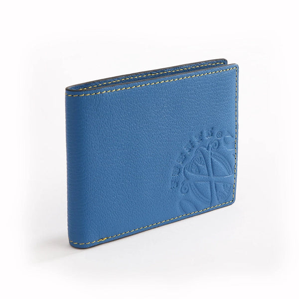 The OpusX Society Yellow and Blue Bi-Fold Leather Wallet Front
