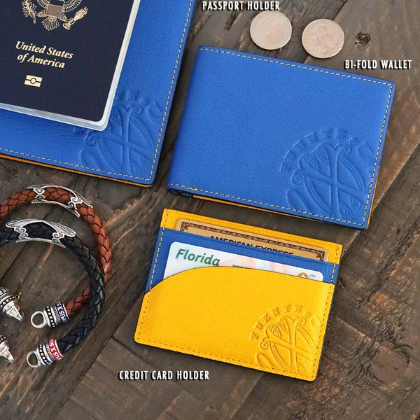 The OpusX Society Yellow and Blue Credit Card Holder and Other Displayed