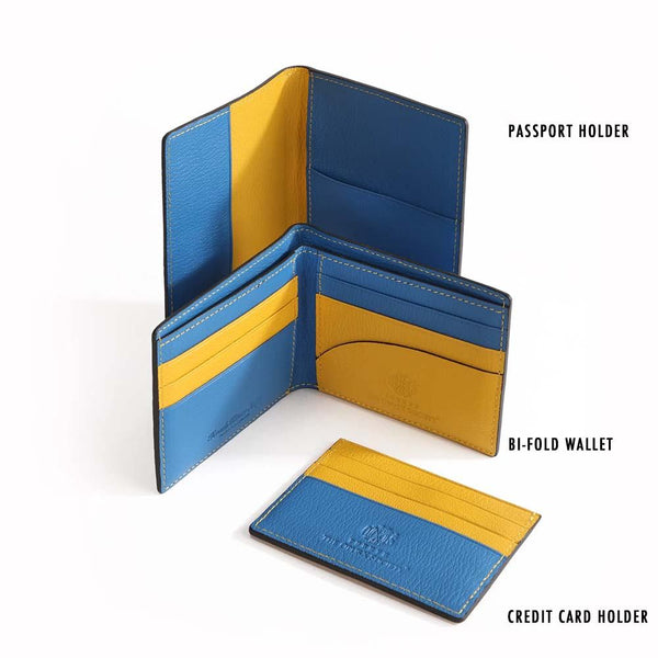 The OpusX Society Yellow and Blue Bi-Fold Leather Wallet and Others Open