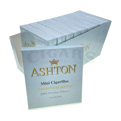 Ashton Small Cigars Mini Cigarillos Connecticut - Blue Box One Leaning