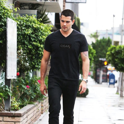 Black CIGARx on Rx Pattern Men's V-Neck T-Shirt with Male Model