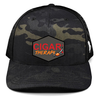 Camo Curved Trucker with Swords and Football on Pewter Rogue Patch
