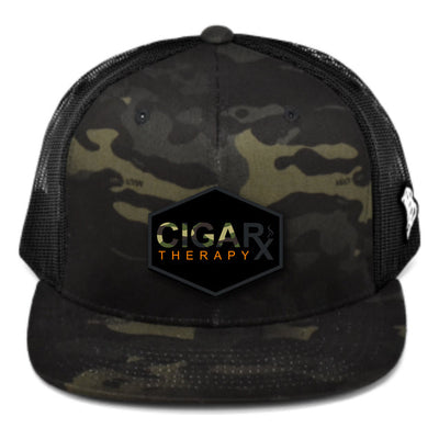 CIGARX Camo Flat Trucker Snapback with Camo and Orange on Black Rogue Patch