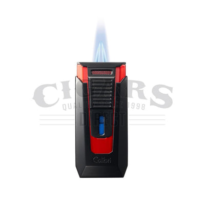 Colibri Slide Double Jet Flame Lighter Matte Black and Red with Flame Front View