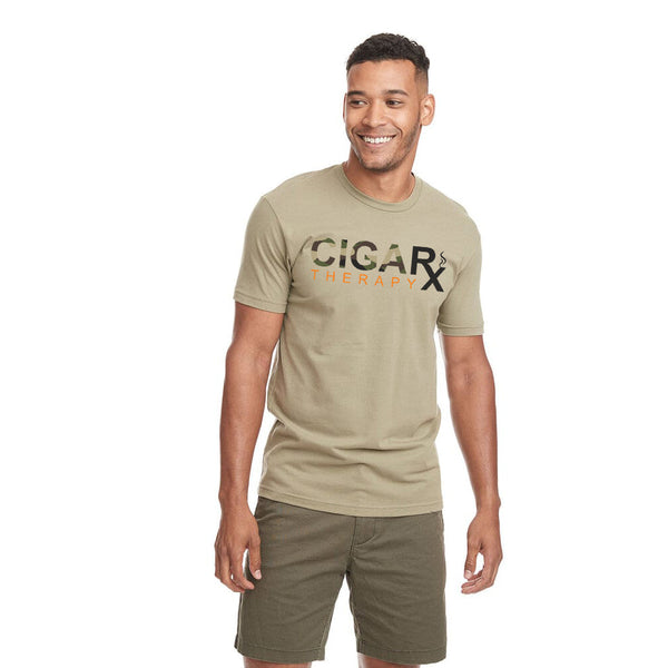 Light Olive CIGARx Mens with Camo and Orange Crew Neck T-Shirt on Male Model