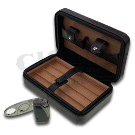 Luxury Black with Red 4 Cigar Travel Case with Cutter and Lighter Open
