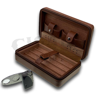 Luxury Brown 4 Cigar Travel Case with Cutter and Lighter Open