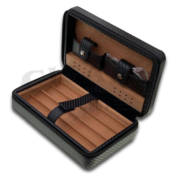 Luxury Black Carbon 4 Cigar Travel Case with Cutter and Lighter Open
