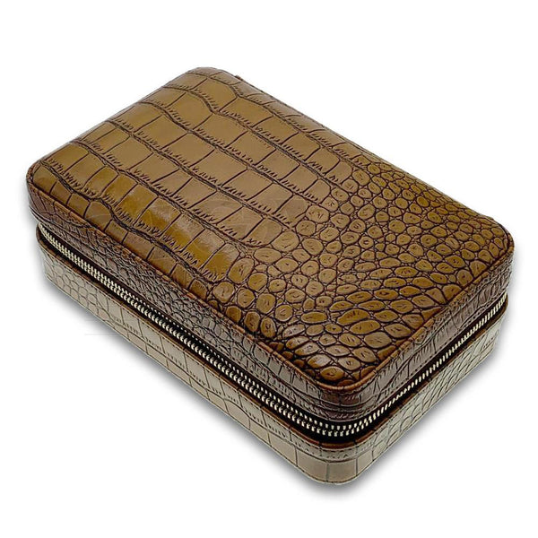 Luxury Tan Croc 4 Cigar Travel Case with Cutter and Lighter