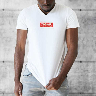 White CIGARx Mens Red Box Logo V-Neck T-Shirt